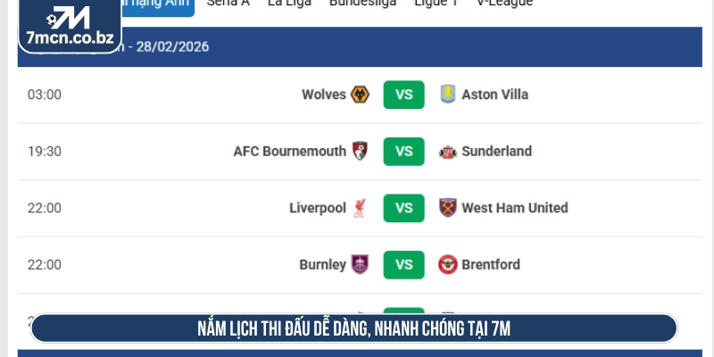 Nắm lịch thi đấu dễ dàng, nhanh chóng tại 7m 